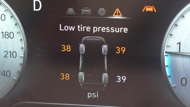 Car low tire pressure alarm signal is showing on the dashboard display screen. Transportation with technology system, close-up with selective focus.