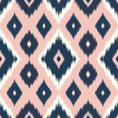 Seamless geometric pattern featuring ikat-style diamonds in navy blue, white, pink. This ethnic tribal design replicates hand-dyed fabric texture, perfect for wallpaper, textiles, fashion prints.