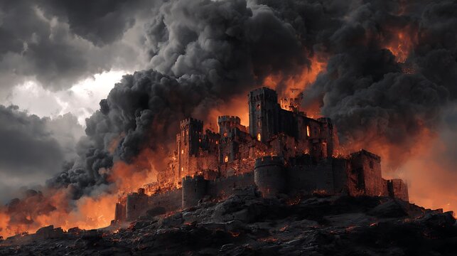 Burning Castle with Fire and Smoke Under Dark Overcast Sky
