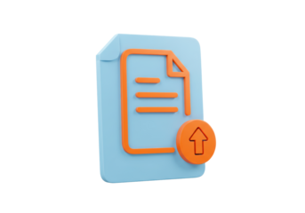 Isolated file document, paper page with upload icon, cartoon clip art, 3D render