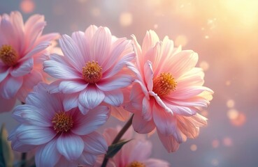 Fototapeta premium Close-up artwork of delicate pastel flowers in iridescent shades, creating shimmering ethereal dreamlike presentation. Soft pink petals with yellow centers, blurred bokeh lights in warm orange glow