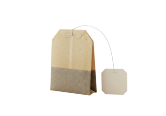 Isolated tea bag with string and label for beverage steeping, herbal blend brewing