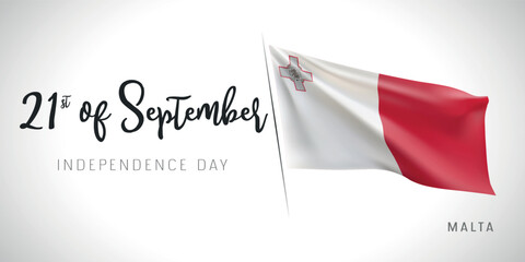 Malta independence day vector banner, greeting card. Maltese wavy flag in 21st of September patriotic holiday horizontal design with realistic flag