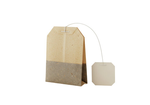 Isolated tea bag with string and label for beverage steeping, herbal blend brewing