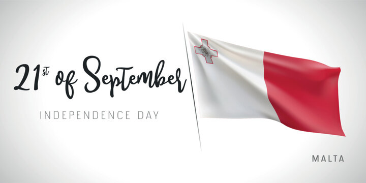 Malta independence day vector banner, greeting card. Maltese wavy flag in 21st of September patriotic holiday horizontal design with realistic flag