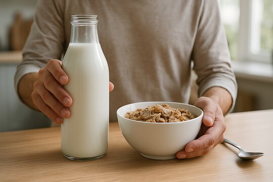 Person holding a bottle of milk and a bowl of cereal for breakfast