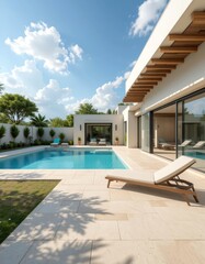 Fototapeta premium Modern white villa swimming pool. Morning sunlight illuminates luxurious home design. Exterior view of house features patio with furniture, lounge chairs. 