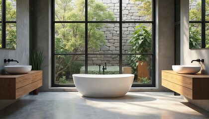 Fototapeta premium Modern bathroom with freestanding bathtub. Natural light from large window reveals stone wall, rich green plants. Minimalist design, concrete floor, wooden vanity, white ceramic sinks, black faucets.
