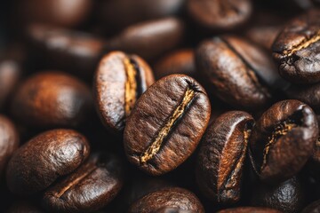 Freshly Roasted Coffee Beans Close Up, Rich Brown Color, Aroma and Texture for Beverage Preparation, Food Photography