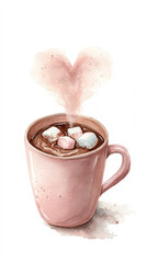 Soft watercolor painting of cozy pink mug filled with hot cocoa, marshmallows floating on top, steam rising in heart shape against light background
