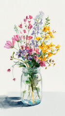 Colorful wildflower bouquet in glass mason jar with pink, yellow and purple blooms against soft white background in natural daylight
