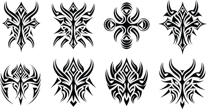Tribal Tattoo Symbol Set, Abstract Cross and Mask Vector Collection