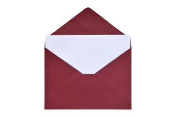 Opened red paper envelope with paper sheet isolated on white background