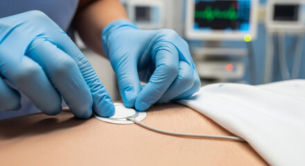 A medical professional in blue gloves carefully attaches a sensor to a patient's skin, with vital sign monitors displaying readings in the background.