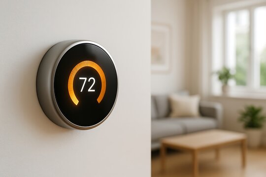 Smart home thermostat displaying 72 degrees fahrenheit