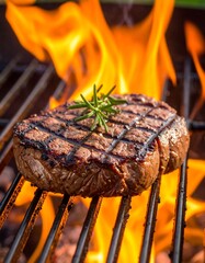 Grilled steak on a grill with flames in the background