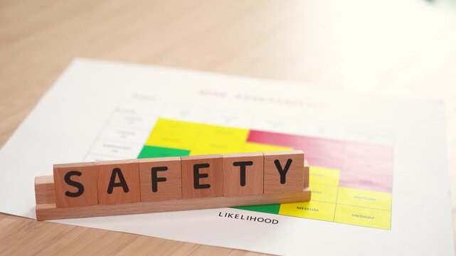 "Safety" English word block that placed with risk assessment checklist form on the table. Zero accident campaign in the high risk industrial working. Close-up.
