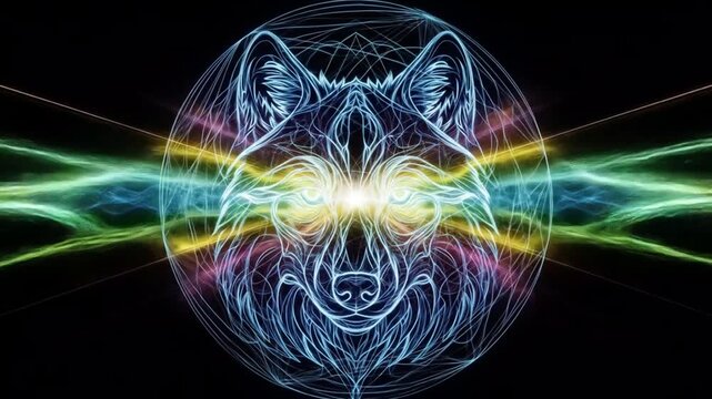 Mesmerizing Wolf Head Geometric Animation with Vibrant Light Streaks on Black Background