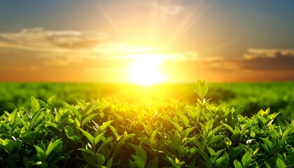 Vibrant sunset over a lush green tea plantation