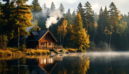 Fototapeta premium Peaceful cabin by the lake in the forest.