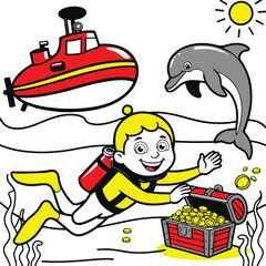  Bold thick line underwater kids doodle, scuba diver boy, submarine with periscope, treasure chest with coins, dolphin swimming, cartoon style vector