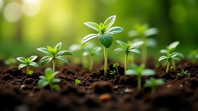 Timelapse video in ultra HD 4K showing cinematic growth of young green shoots sprouting from soil