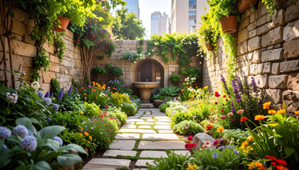 Fototapeta premium Serene Garden Path with Stone Fountain and Flowers.