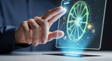 Hand interacting with futuristic holographic display showing digital information and abstract design