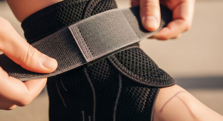A person's hands securing a black athletic ankle brace with adjustable straps for support and injury prevention.