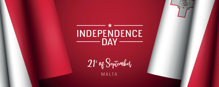 Malta independence day vector banner, greeting card. Maltese wavy flag in 21st of September national patriotic holiday horizontal design