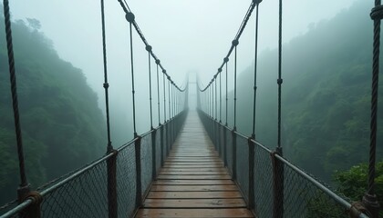 Obraz premium Suspension footbridge crosses misty abyss, shrouded in fog. Wooden planks wet, offering path over chasm between green, tree-covered cliffs. High altitude trail evokes challenge, adventure.