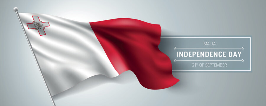 Malta happy independence day greeting card, banner vector illustration. Maltese national holiday 21st of September design element with realistic flag