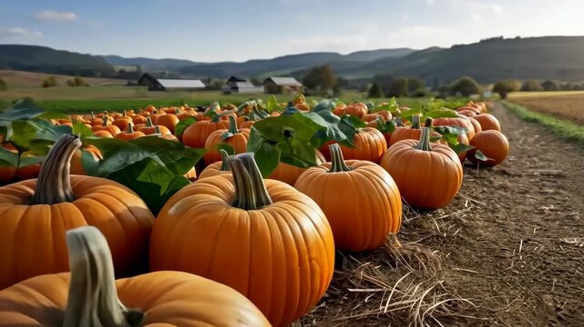 Harvesting pumpkins in a scenic farm landscape with rolling hills and clear skies during the autumn season in the countryside