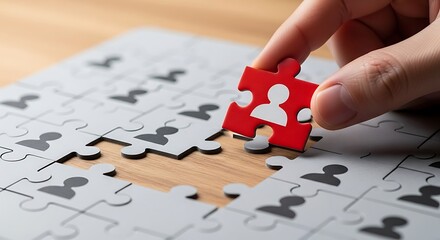 A hand places a red puzzle piece, depicting a person, into a gray puzzle depicting other people, highlighting the concept of teamwork and addition to a group.