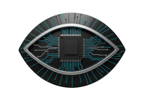 Isolated artificial intelligence concept of technological eye with microchip circuitry