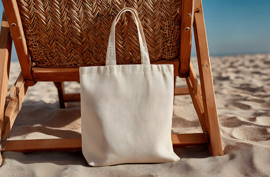 Blank white canvas tote bag resting on beach chair wth sand background. Natura linen, cotton fabric shoper promotes zero waste, ec-friendly shopping. Perfec for summer holidays, grocry trips,