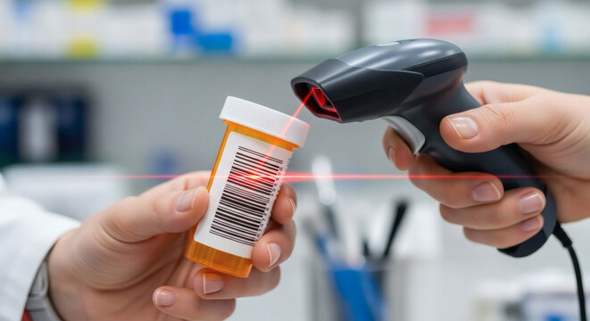 Pharmacist scanning a prescription medication bottle's barcode with a handheld scanner in a brightly lit pharmacy.