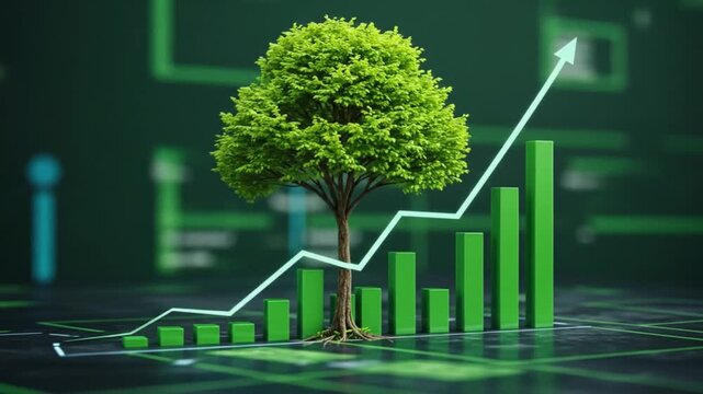 A tree growing over a green bar graph with an upward arrow indicating growth in a dark setting