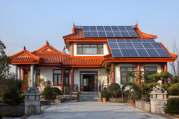 Obraz premium Red roof traditional temple style house in Taipei Taiwan with solar panels.