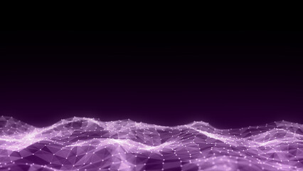 Blue wave with motion dots and lines. Abstract digital background. Concept connection big data. Futuristic technology backdrop. 3D rendering.