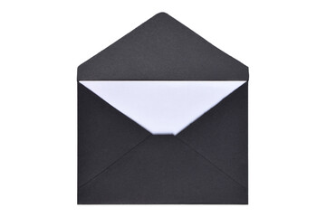 Opened black paper envelope with paper sheet isolated on white background
