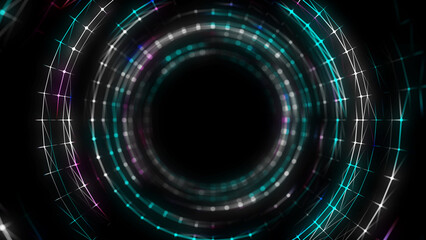 Cyber futuristic speed tunnel. Sci-fi wormhole. Abstract 3D wireframe portal with connections lines and dots. Data flow. Technology grid funnel. 3d rendering.