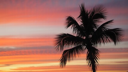 Obraz premium Palm tree silhouette against vibrant tropical sunset sky symbolizing vacation and relaxation.
