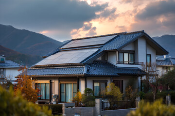 Modern lakeside house in Nagano, Japan, with large solar panels on roof under sunset sky.