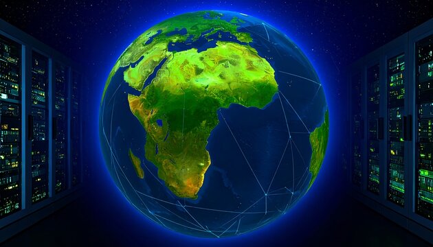 Digital Earth: Global Network Connections Surrounding a Server Room - Powered by Adobe