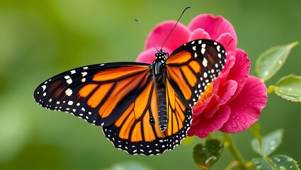 Obraz premium Monarch butterfly resting on a vibrant pink rose