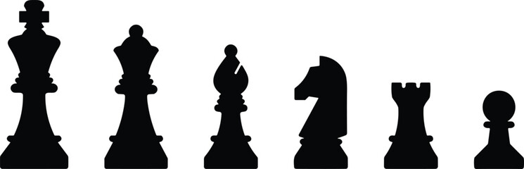 Chess pieces silhouette, king, queen, bishop, knight, rook, pawn, black icons, strategy, game, isolated, vector, symbols, classic, tournament, abstract, minimal, 