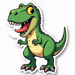 Funny cartoon Tyrannosaurus Rex dinosaur sticker illustration with big yellow eyes, wide open mouth showing red tongue. Cute green T-Rex character smiling, looks friendly, happy, perfect for kids.