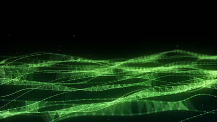 Abstract moving DNA wave with dots and lines. Concept network connection system data. Music sound background. Genetic biotechnology and artificial intelligence. 3D rendering.