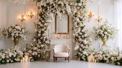 Fototapeta premium Elegant wedding ceremony decor with abundant floral arrangements and ornate mirror creating a romantic atmosphere
